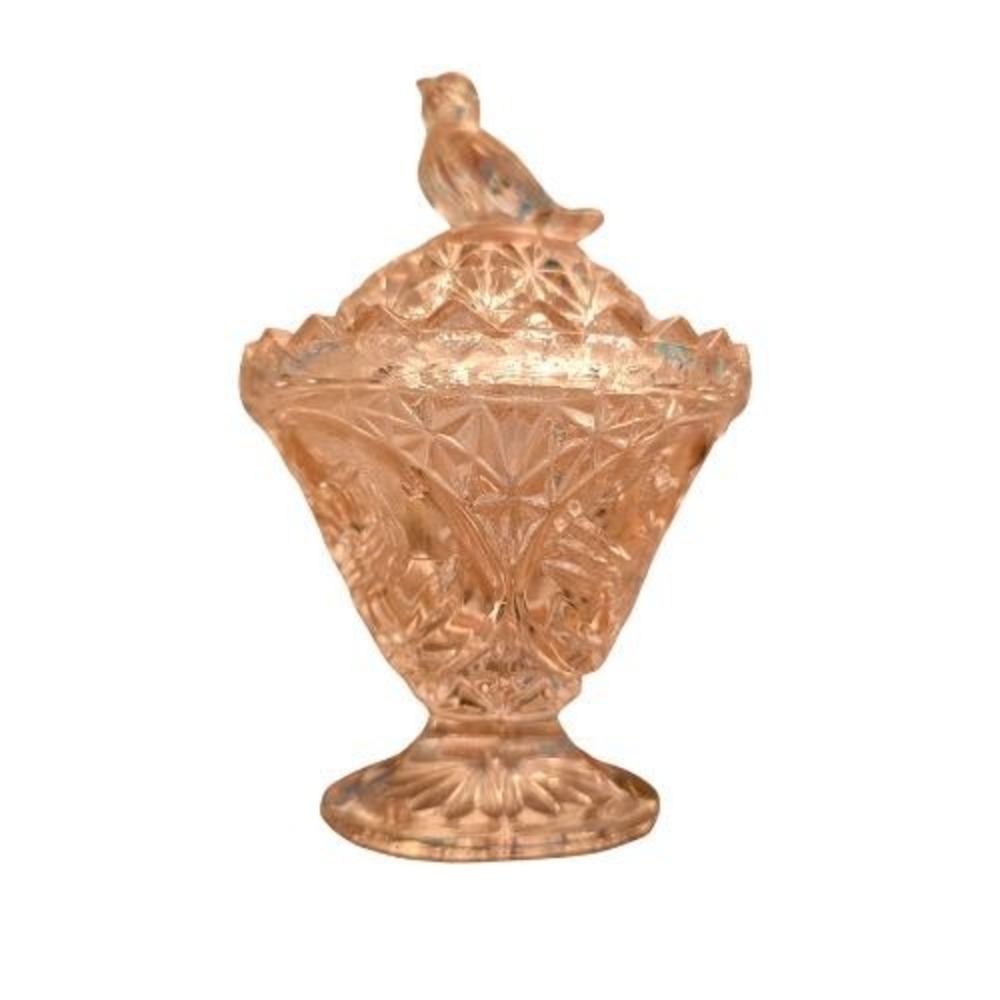 Vintage Clear Pressed Glass Bird Finial Lidded Pedestal Candy Dish Compote 2 pc